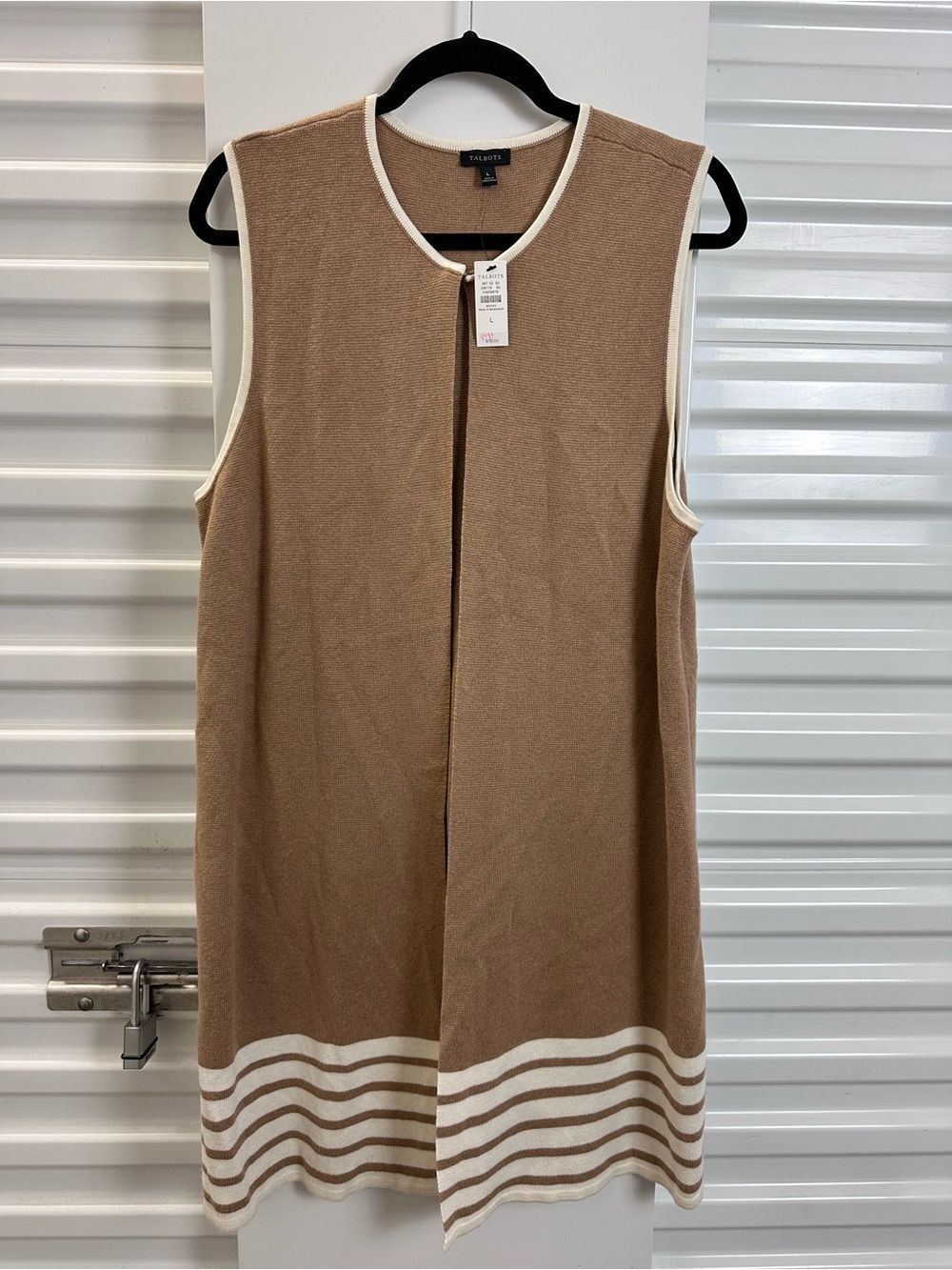 Talbots Camel Knit Sleeveless Open Vest with Cream Trim